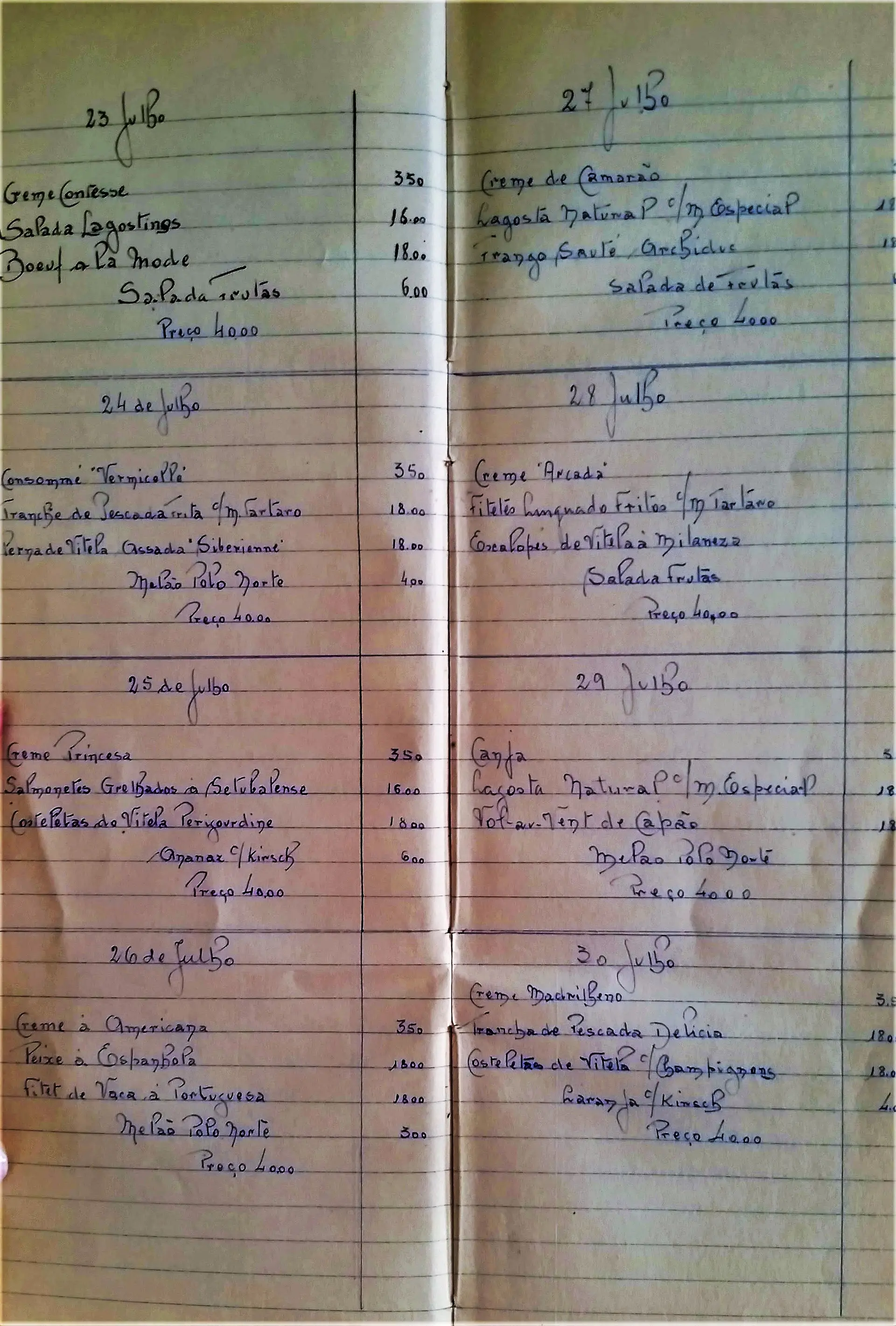 A ementa do Gambrinus, em julho de 1945