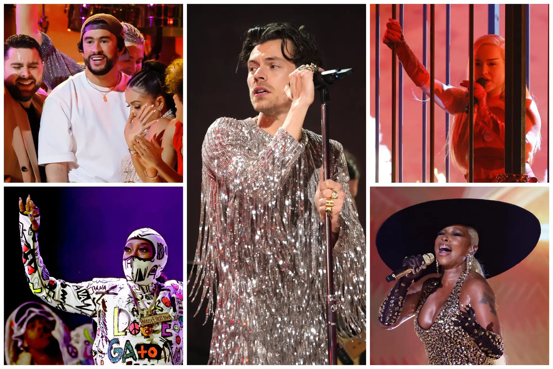 Bad Bunny, Harry Styles, Kim Petras, Mary J. Blige e Missy Elliott no palco dos Grammys 2023