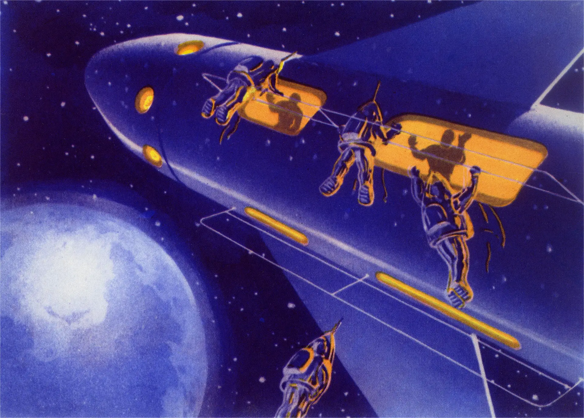 Cosmismo Ilustração soviética dos anos 60 mostra viajantes do tempo a entrarem numa nave espacial