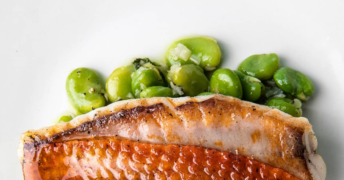 Terra e mar no prato: salmonetes, favas e hortelã