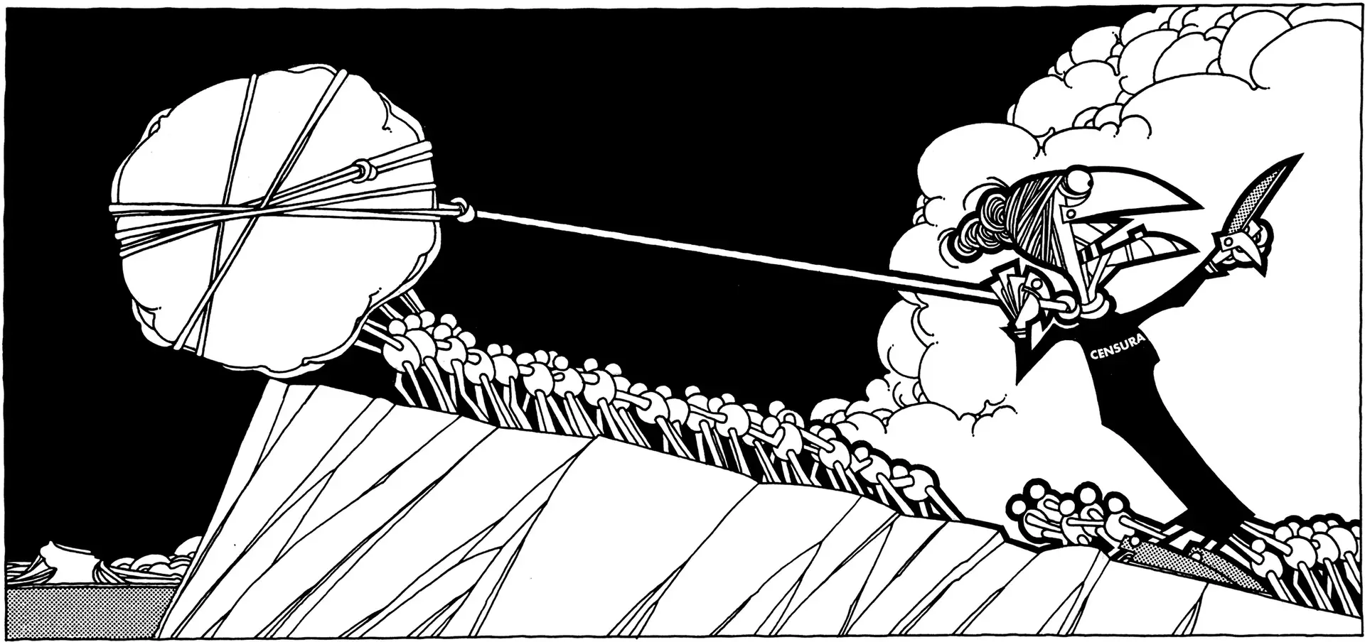 “Mais um bocado de força e acabam-lhe de vez com a conversa” é o título deste cartoon, o primeiro de Abel Manta publicado no “Diário de Notícias” em julho de 1974