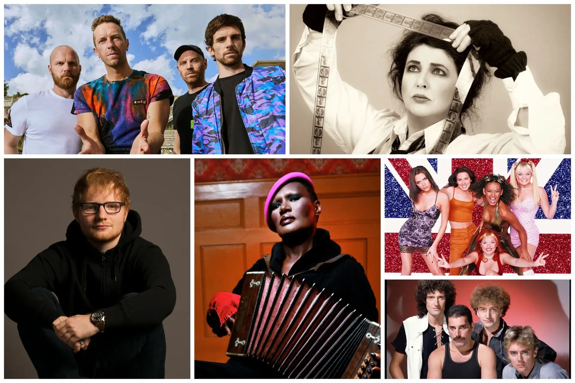 Coldplay, Kate Bush, Spice Girls, Queen, Grace Jones e Ed Sheeran