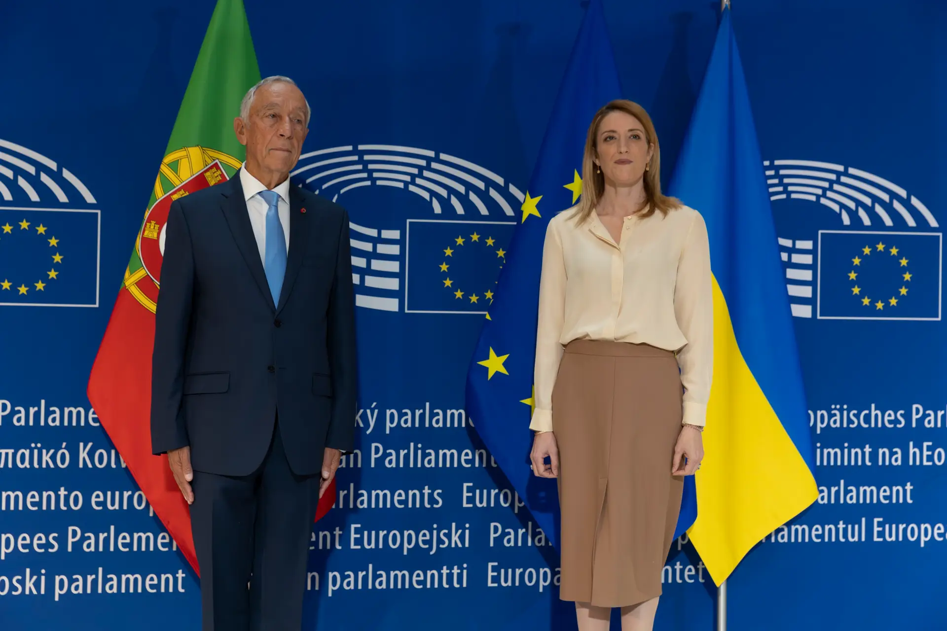 Presidente do Parlamento Europeu Roberta Metsola recebe o Presidente português Marcelo Rebelo de Sousa