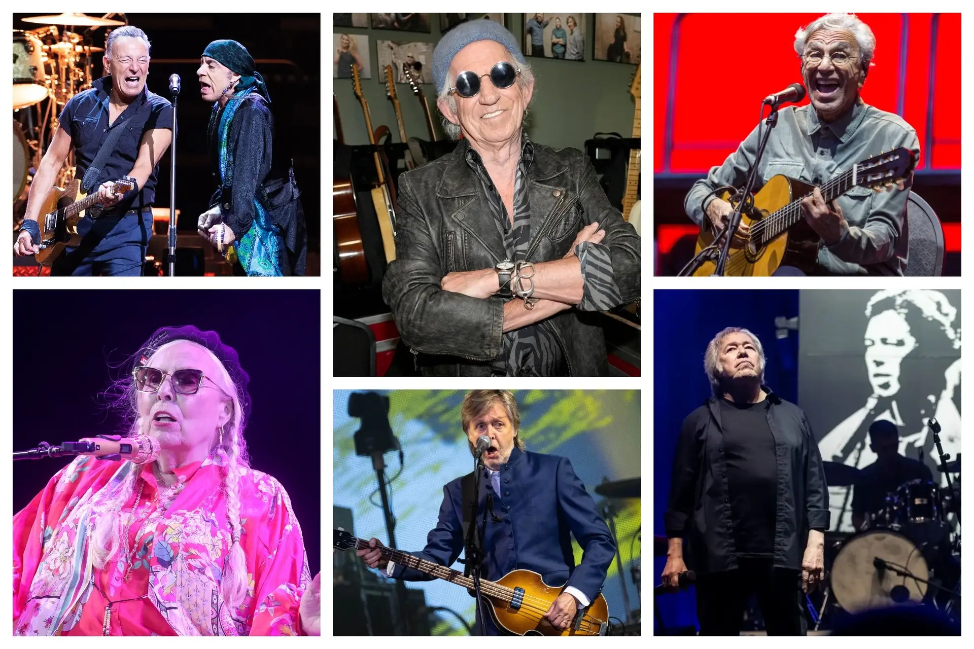 Bruce Springsteen, Keith Richards, Caetano Veloso, Joni Mitchell, Paul McCartney e Sérgio Godinho