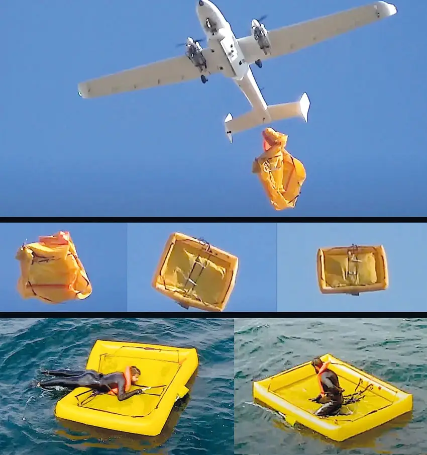 Imagens de uma balsa flutuante, lançada por um dos drones da Tekever
