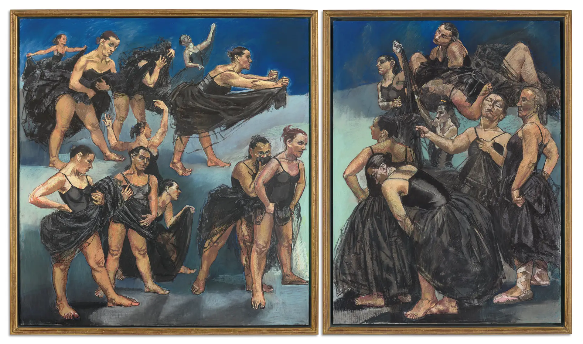 PAULA REGO (1935-2022). Dancing Ostriches from Walt Disney's 'Fantasia' (1995), pastel em papel colado sobre alumínio, díptico.