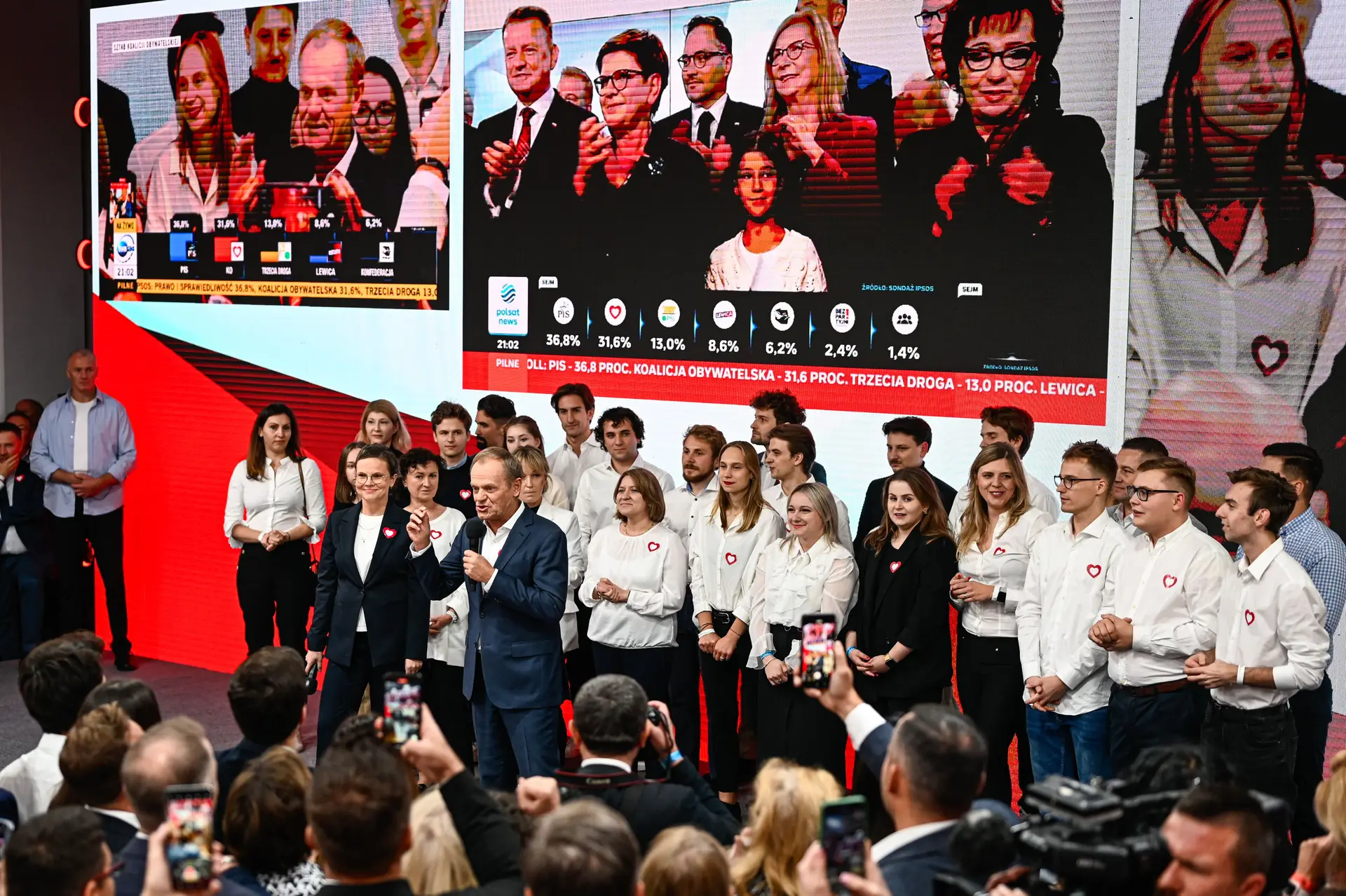 Donald Tusk celebra com os seus aliados da Coligação Cívica, em Varsóvia