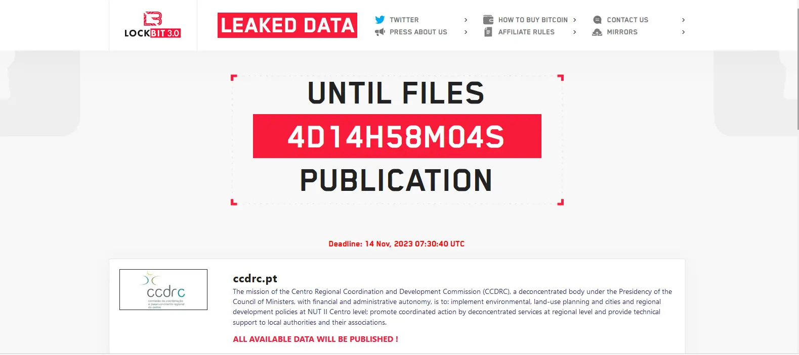 Imagem da página dos Lockbit 3.0 com a reivindicação do ciberataque contra a CCDR-C