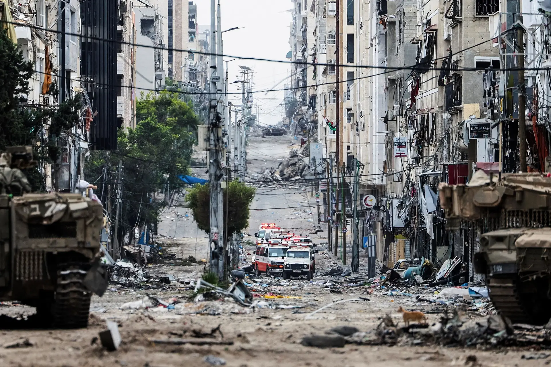 Ambulâncias palestinianas esperam na rua que leva ao hospital Al Shifa, na Faixa de Gaza FOTO Ronen Zvulun/REUTERS