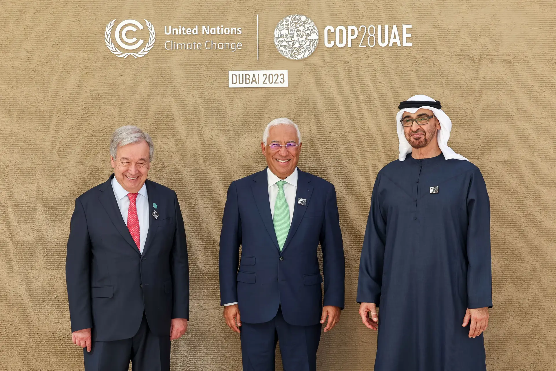 António Guterres, secretário-geral da ONU,  Antonio Costa e Mohamed bin Zayed Al Nahyan, presidente dos Emirados Árabes Unidos
