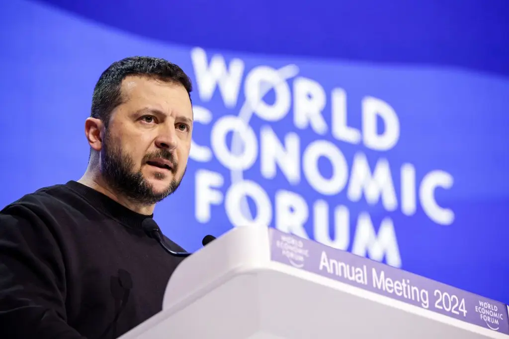 Volodymyr Zelensky durante o discurso no Fórum Económico Mundial, em Davos