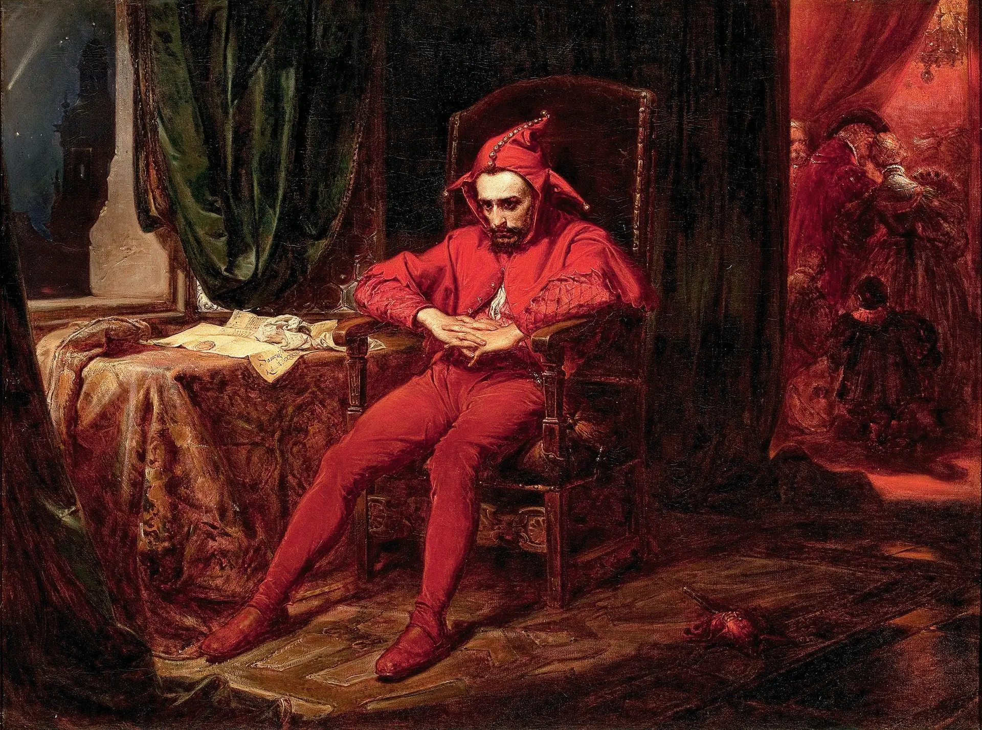 HUMOR “Stańczyk” (1862), de Jan Matejko, retrata o bobo que serviu três reis polacos — Alexandre, Sigismundo, o Velho, e Sigismundo Augusto — e que durante uma festa lamenta a queda de Smolensk às mãos dos russos