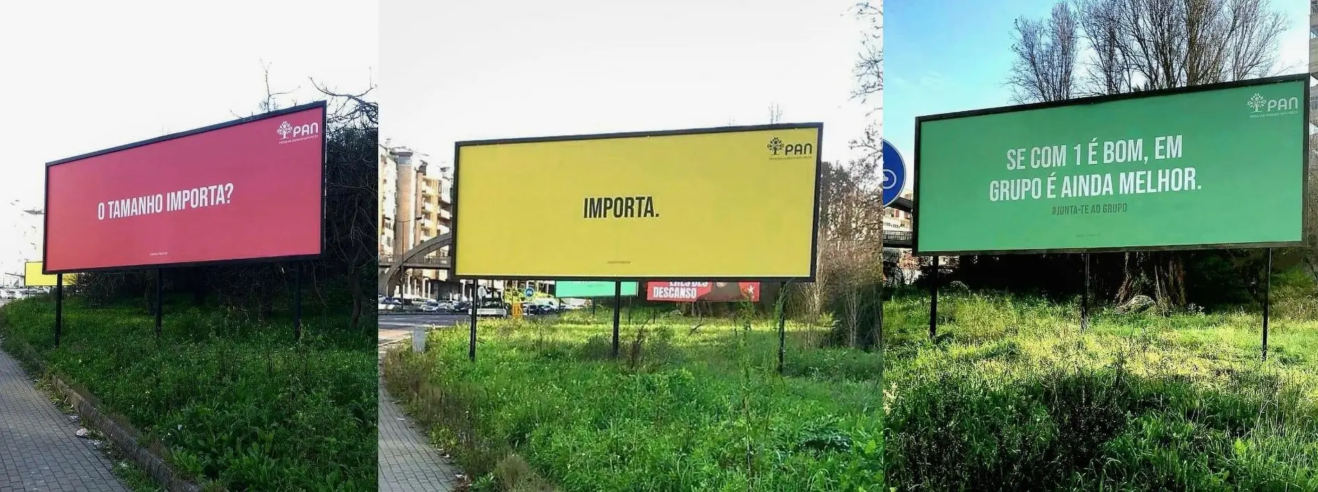 Gente três cartazes à beira da estrada a precisar de um comunicado