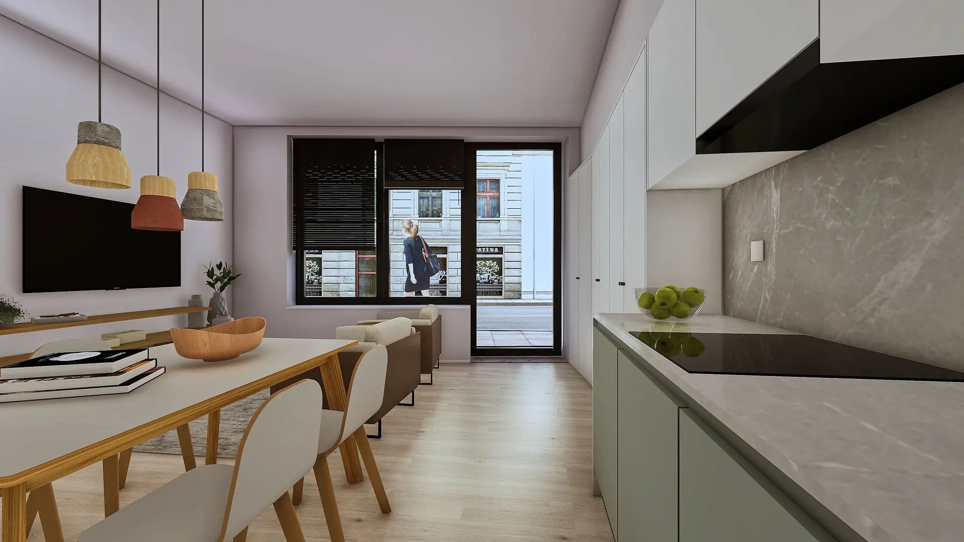 Projeto 3D de transformação de um talho em habitação da empresa de arquitetura umseisum