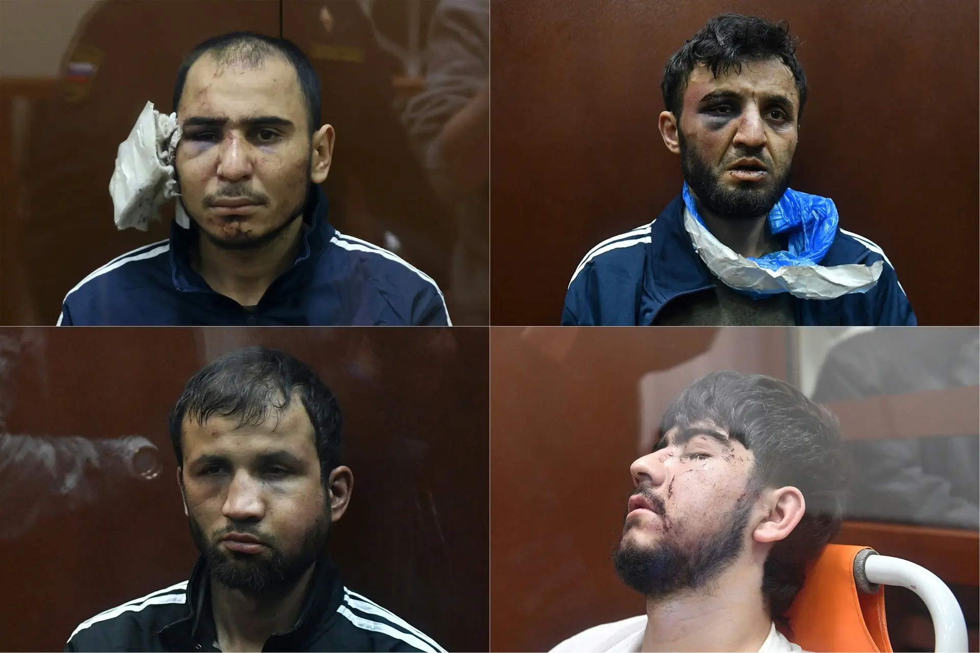 Quatro suspeitos de ataque ao centro Crocus, nos arredores de Moscovo, apareceram em tribunal com marcas de tortura