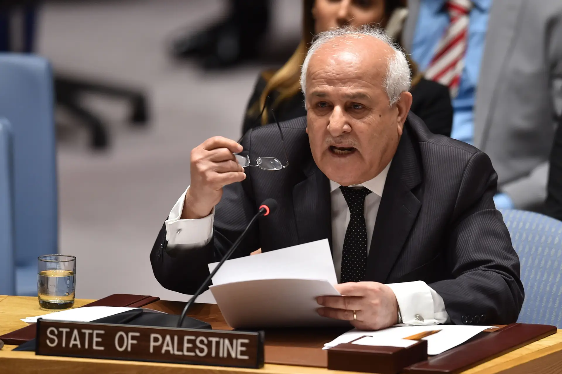 Embaixador da Palestina nas Nações Unidas, Riyad Mansour, durante uma reunião do Conselho de Segurança da ONU