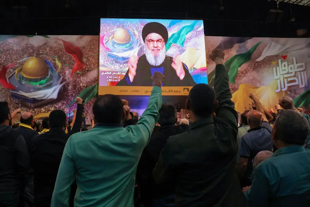 Entusiasmo durante a intervenção de Hassan Nasrallah, esta sexta-feira, no Dia de Jerusalém