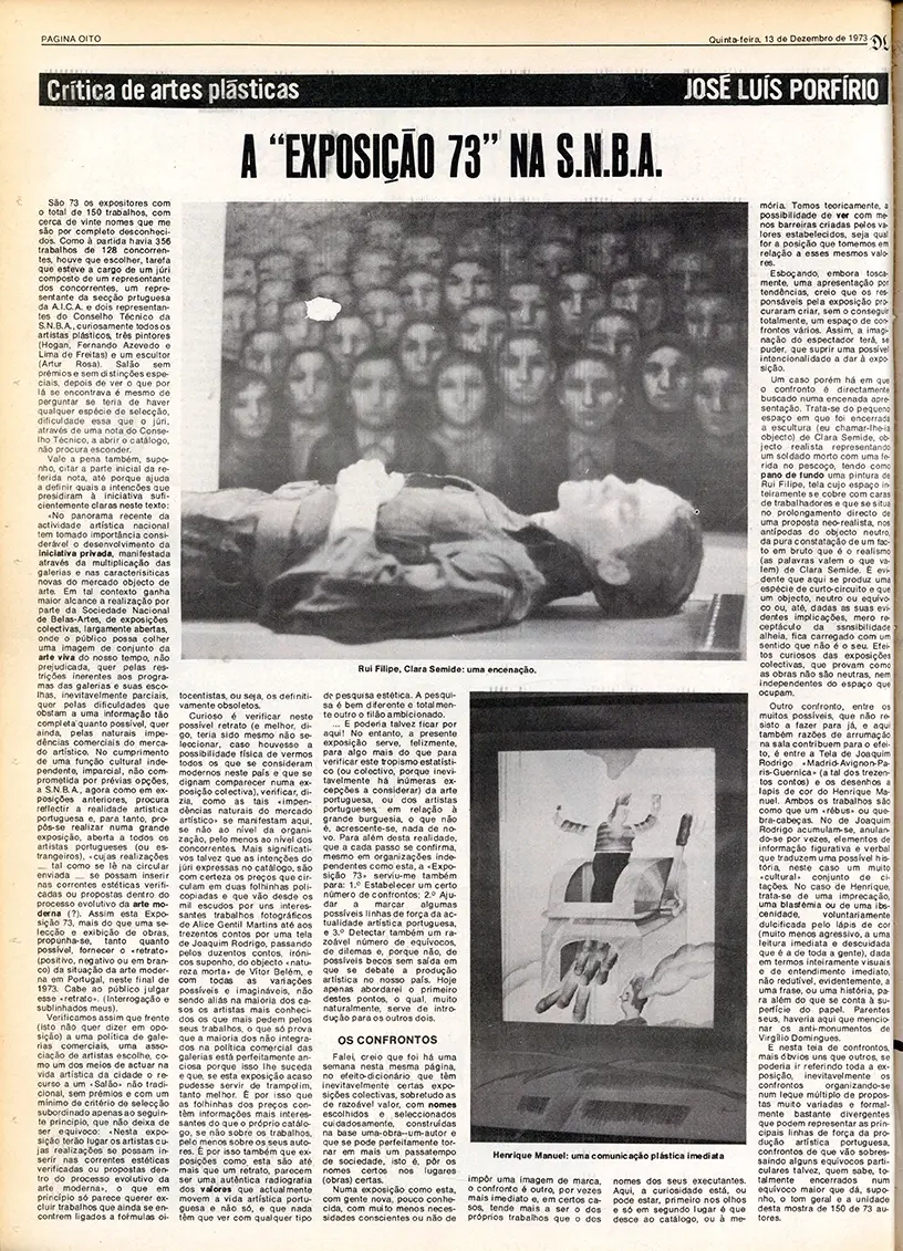1973: “Exposição 73” nas páginas do “Diário de Lisboa”, com destaque para a escultura “Jaz Morto e Apodrece o Menino de sua Mãe”, de Clara Menéres, tendo por fundo uma pintura de Rui Filipe
