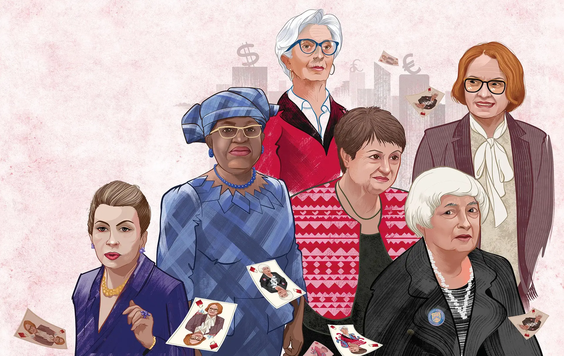 Carmen Reinhart, Ngozi Okonjo-Iweala, Christine Lagarde, Kristalina Georgieva, Janet Yellen e Elvira Nabiullina