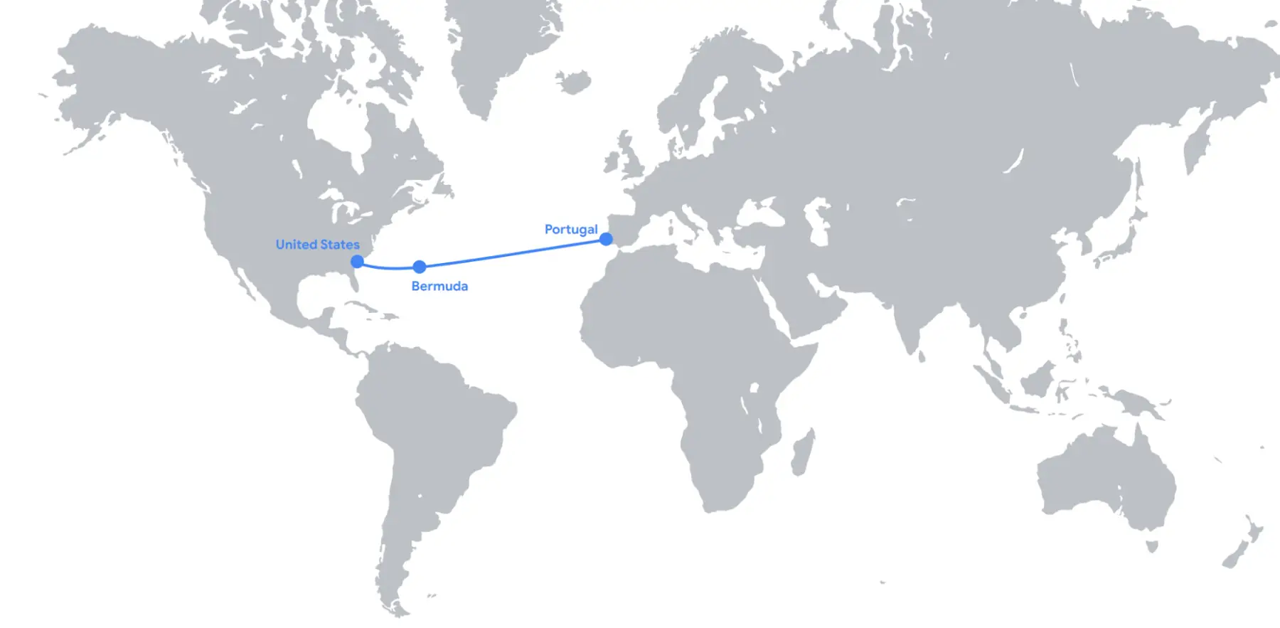 Traçado previsto para o cabo submarino Nuvem, que deverá estrear-se em 2026 pelas mãos da Google