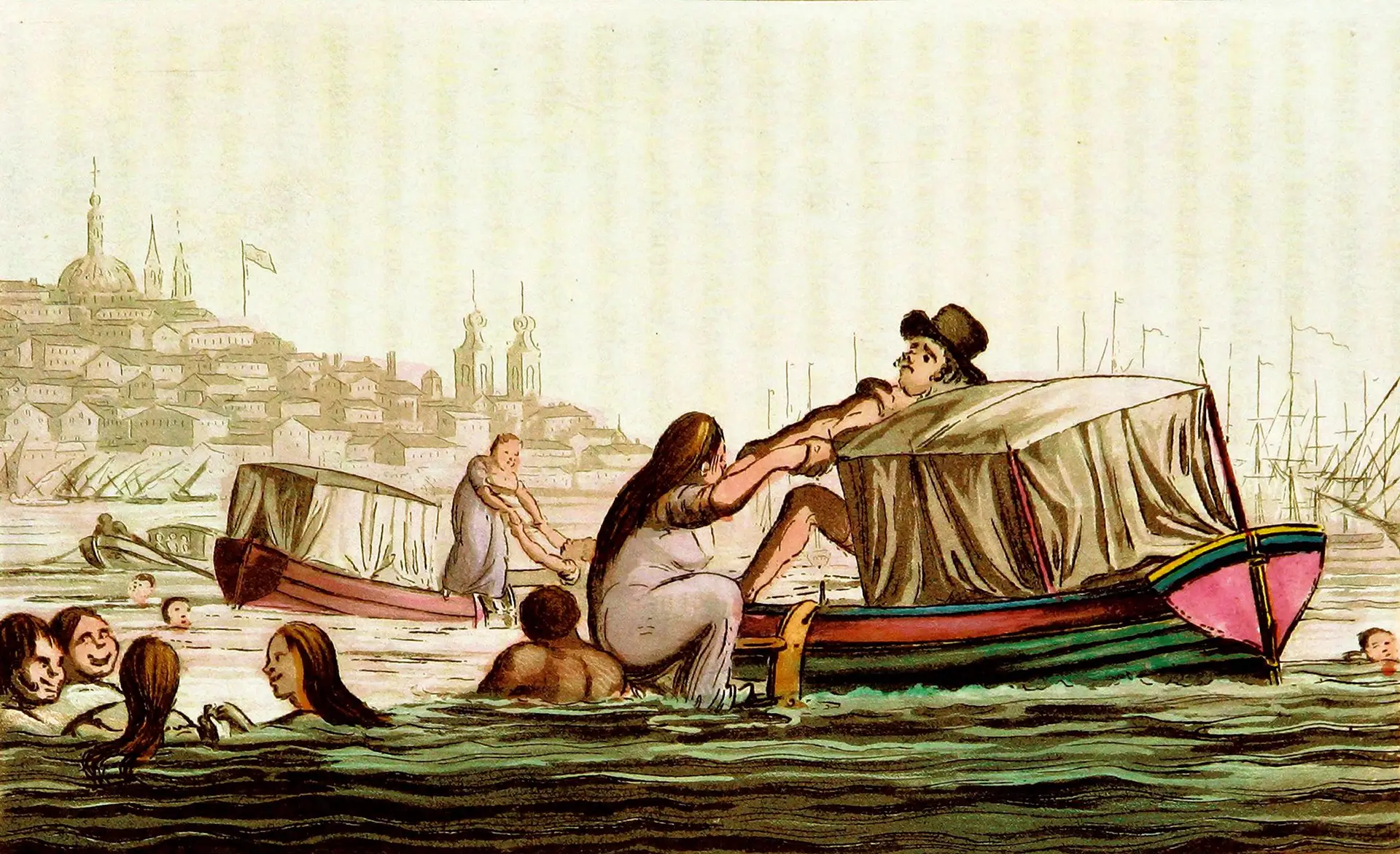 Senhora lisboeta a banhos, numa ilustração do livro “Sketches of Portuguese Life, Manners, Costume and Character”, Londres, 1828, escrito por um comissário do exército inglês que assinou com as iniciais A.P.D.G.