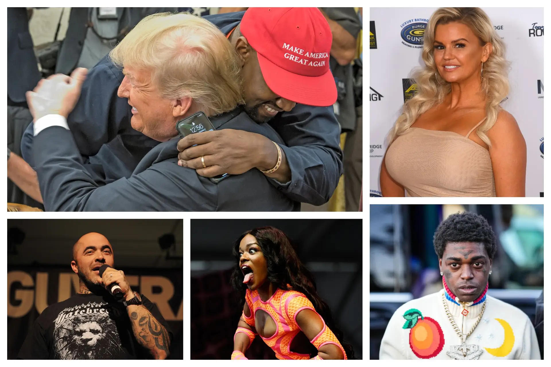 Donald Trump e Kanye West, Kerry Katona (em cima); Aaron Lewis (Staind), Azealia Banks, Kodak Black (em baixo; da esq. para a dir.)