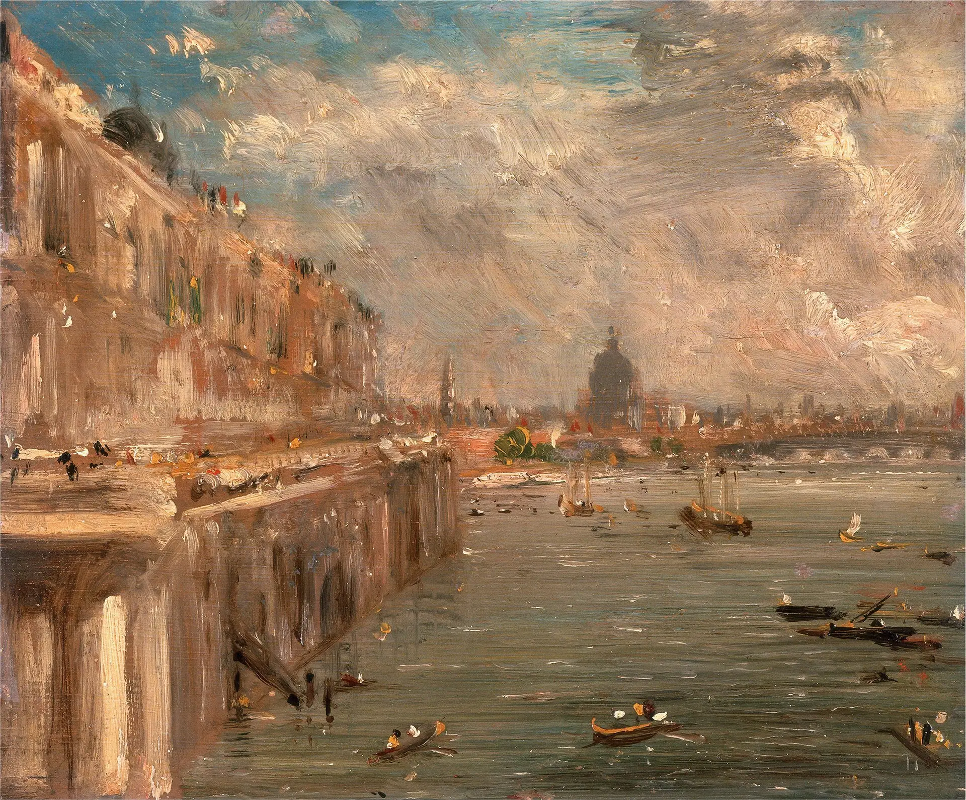 Vista de Somerset House Terrace e do rio Tamisa a partir do lado norte da Waterloo Bridge. Ao fundo percebe-se a Catedral de São Paulo e a City, neste óleo do pintor britânico John Constable (1776-1837)