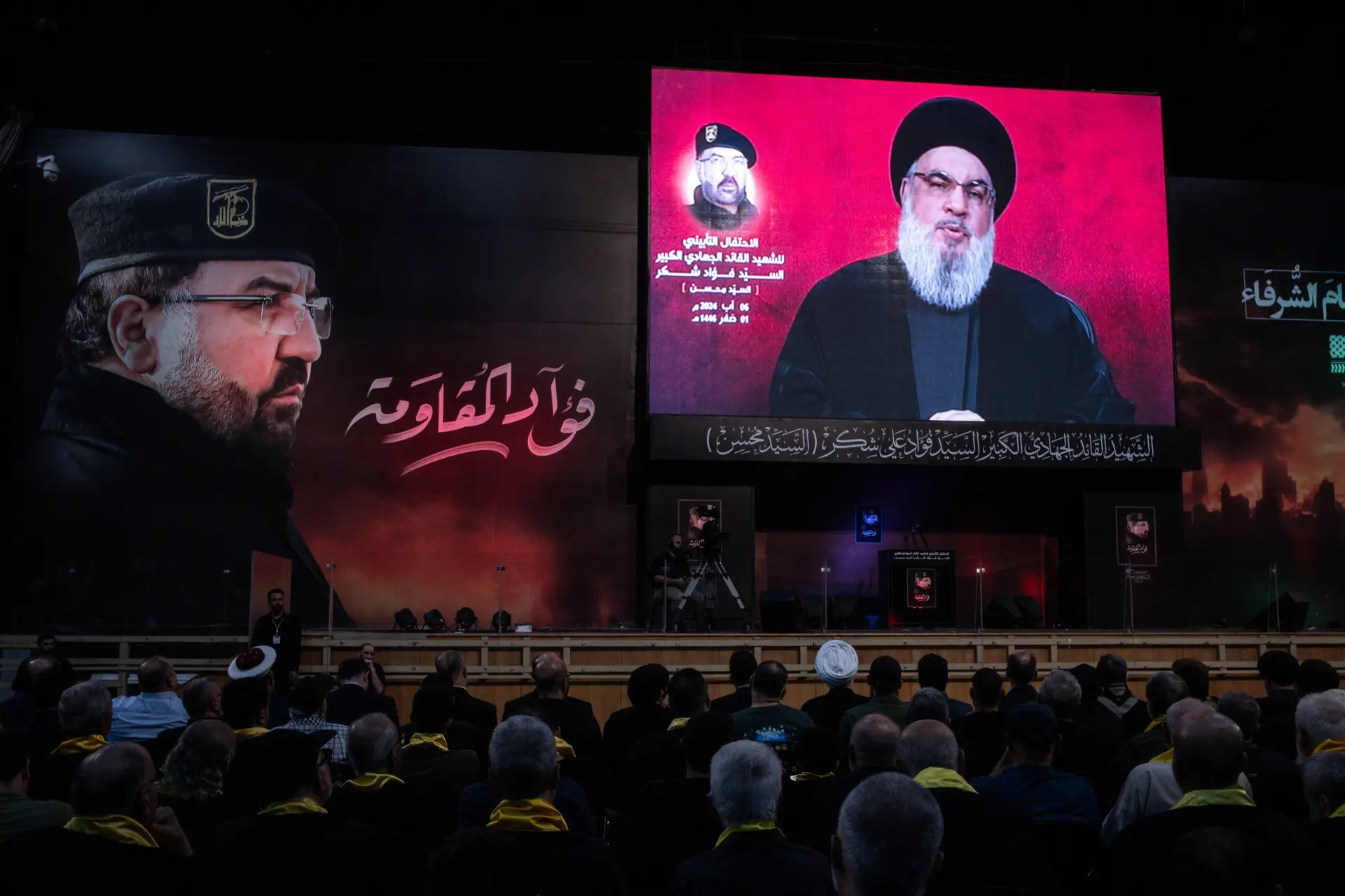 O líder do Hezbollah no Líbano, Hassan Nasrallah, durante o discurso que foi transmitido na televisão