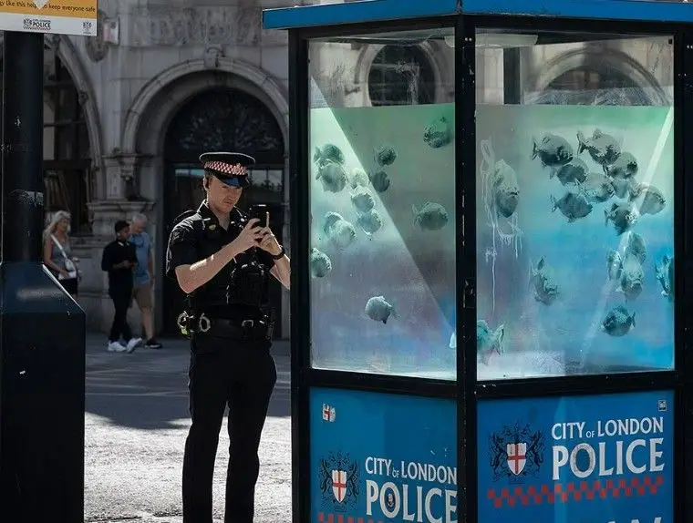 Banksy encerra semana de surpresas com aquário pintado em guarita de polícia em Londres