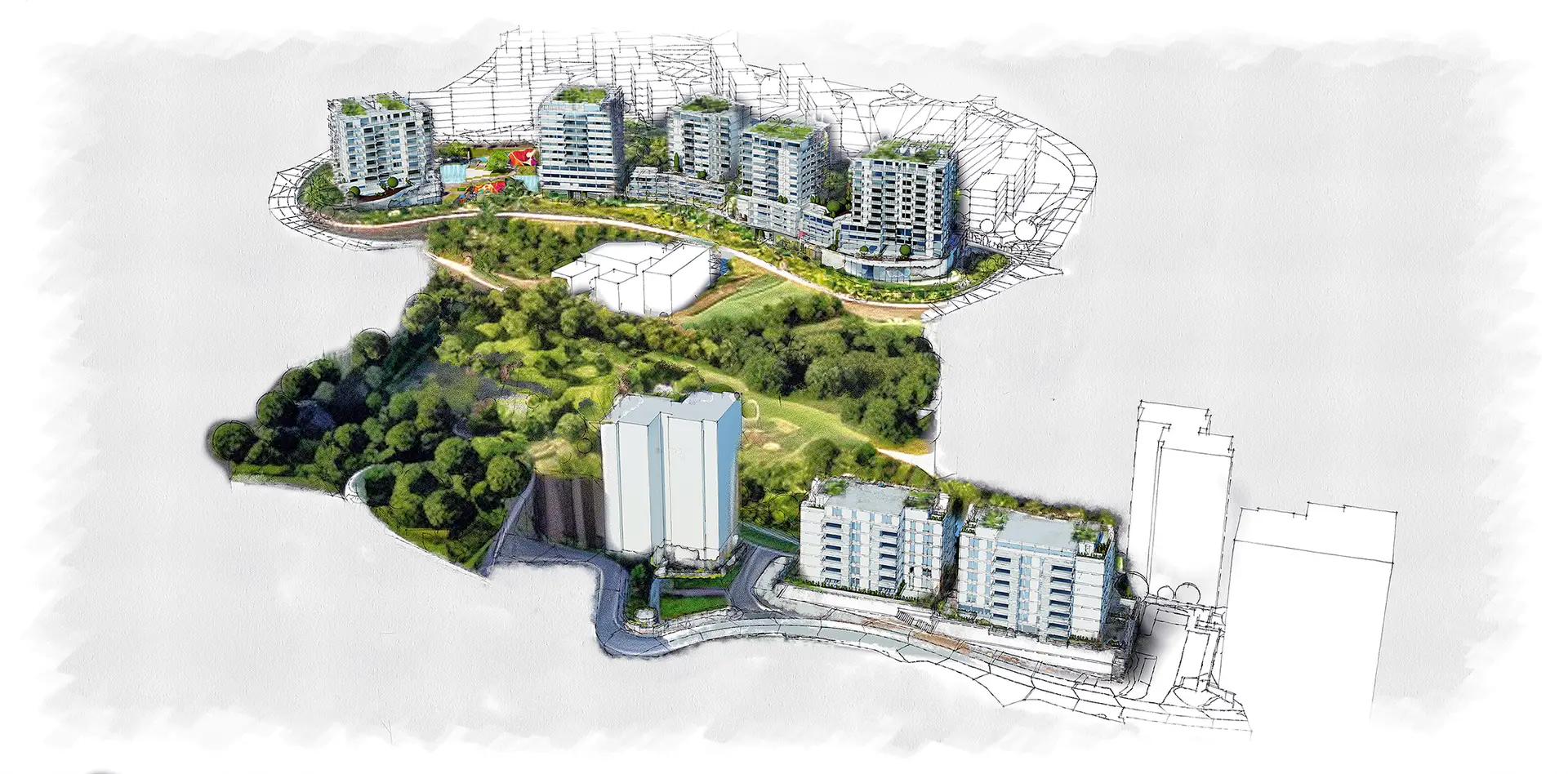 O empreendimento tem duas zonas distintas, unidas pelo parque urbano e perto do centro de saúde de Santo António dos Cavaleiros