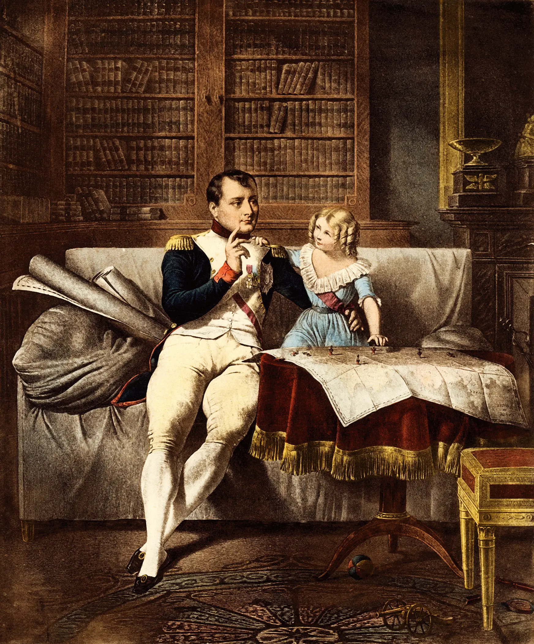 “Le Cabinet de Napoleon”, obra de autor desconhecido incluída em “Napoleon” (1921), de Raymond Guyot: o estadista parece ensinar estratégia militar a uma criança