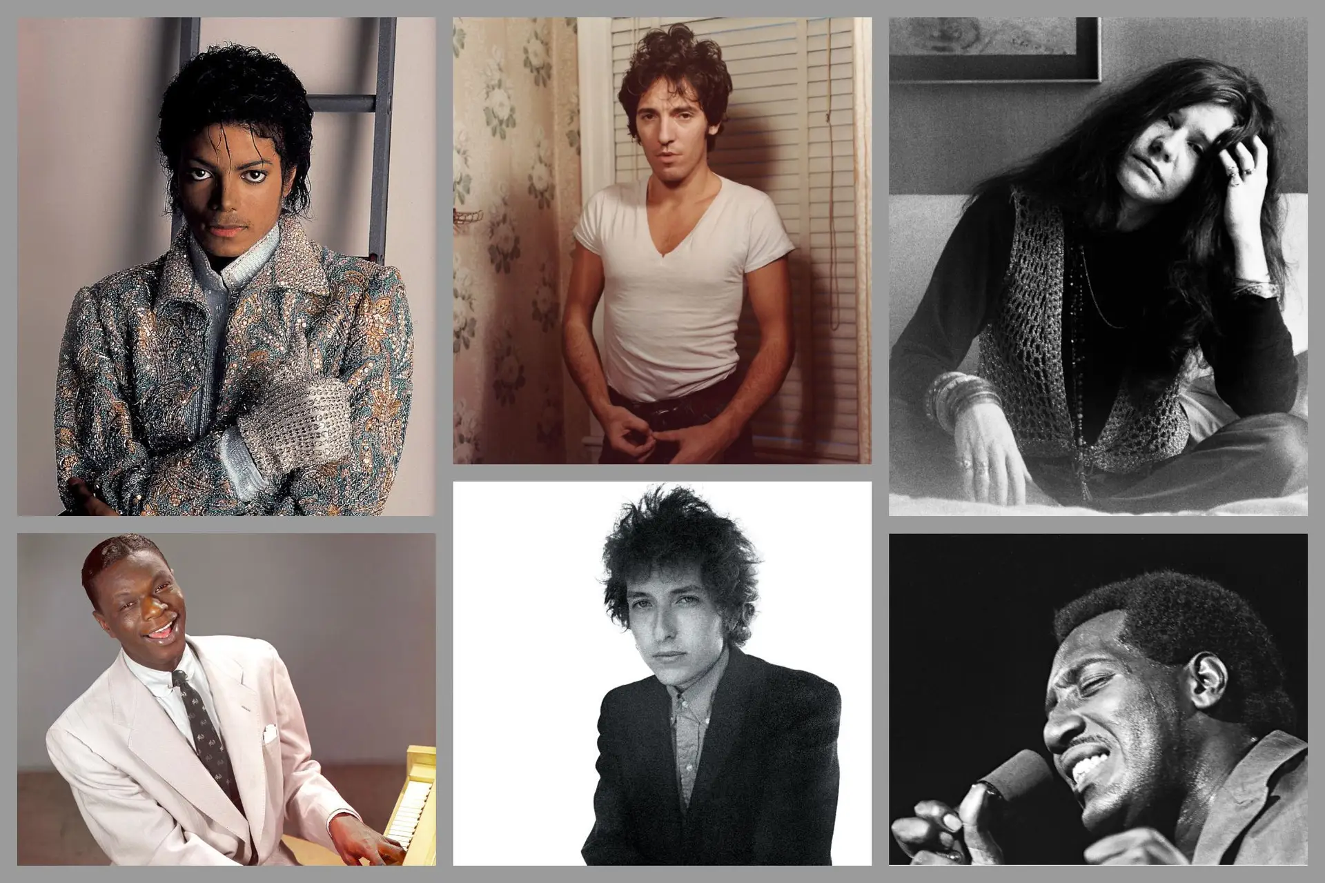 Michael Jackson, Bruce Springsteen, Janis Joplin, Nat King Cole, Bob Dylan, Otis Redding (da esq. para a dir., de cima para baixo)