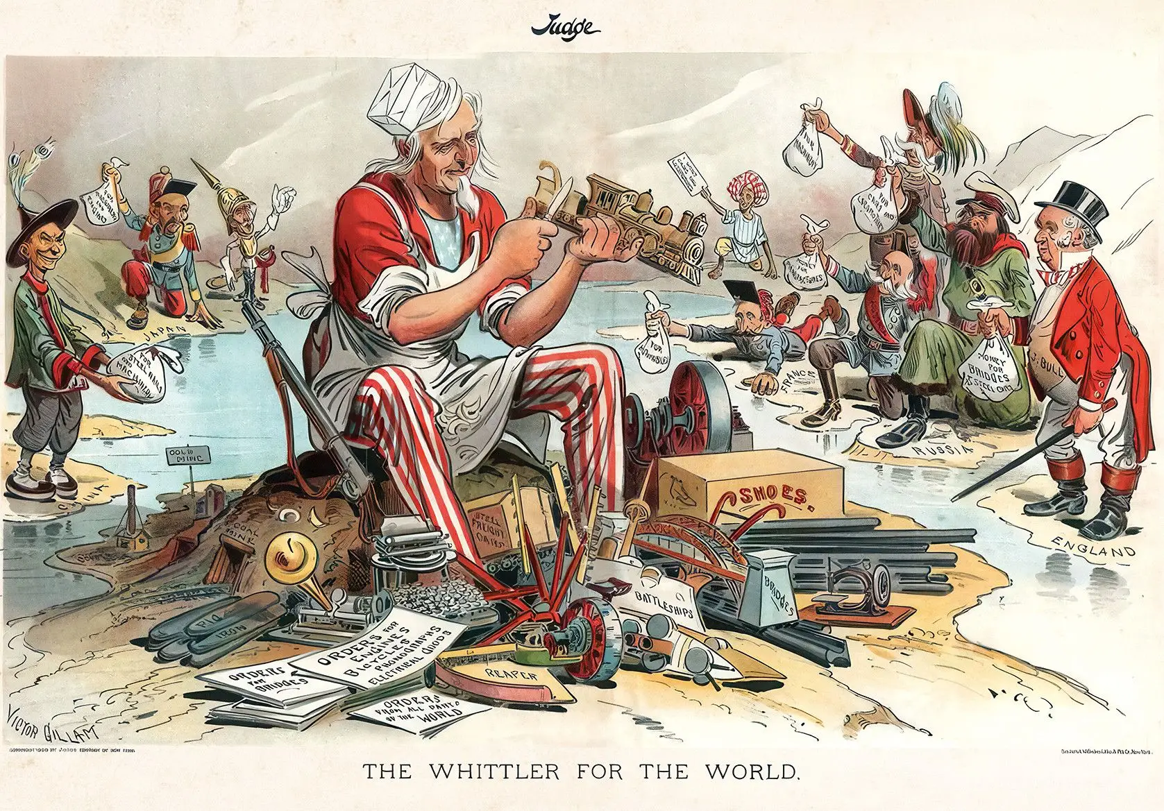“The Whittler for the World”, ilustração de Frederick Victor Gillam, que retrata o papel dos EUA no comércio mundial, publicada em julho de1899na revista americana “Judge”