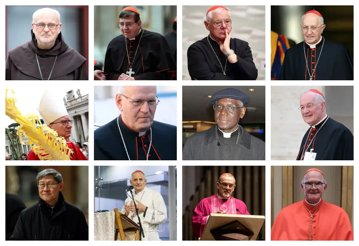 De cima para baixo e sempre da esquerda para a a direita: os cardeais Arborelius, Koch, Muller, Fioni, Parolin, Erdö, Sarah, Ouellet, Tagle, Zuppi, Pizzaballa e Brislin