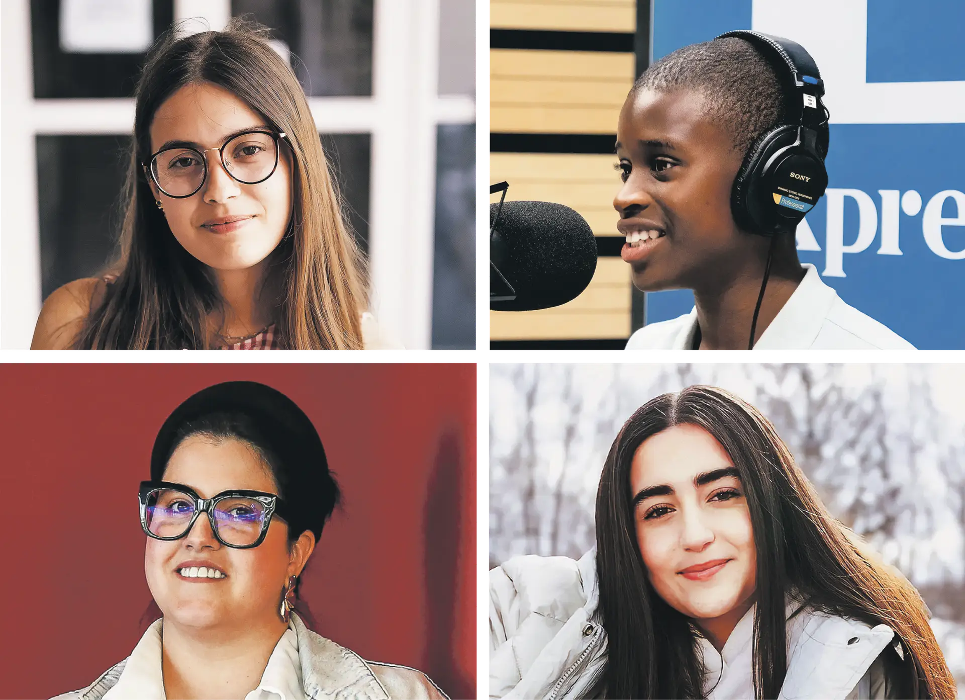 A melhor aluna de História em Portugal, Bianca Gonçalves (em cima, à esquerda); o devorador de livros Francisco Borges (em cima, à direita); a investigadora Ana Marta Flores (em baixo, à esquerda) e a luso-americana Julia Machado (em baixo, à direita)