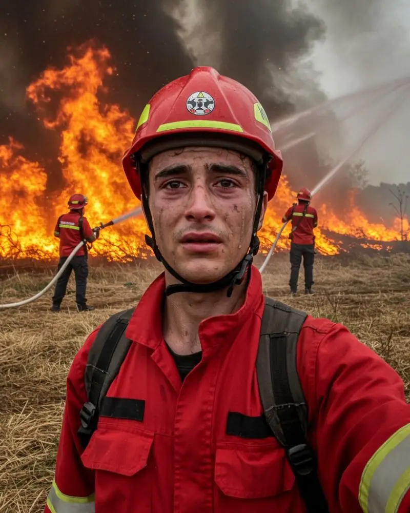 Imagem criada por Inteligência Artificial mostra alegado bombeiro a chorar num cenário de incêndio florestal. Na página que a publicou são pedidos "corações" em apoio