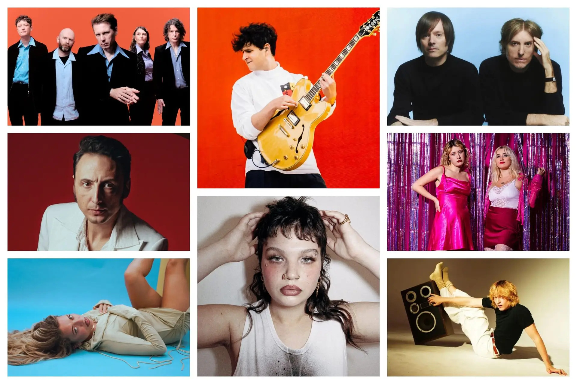 Franz Ferdinand, Samuel Úria, Nilüfer Yanya (coluna da esq.); Vampire Weekend, Lola Young (coluna do centro); Air, Lambrini Girls, MK.Gee (coluna da dir.)
