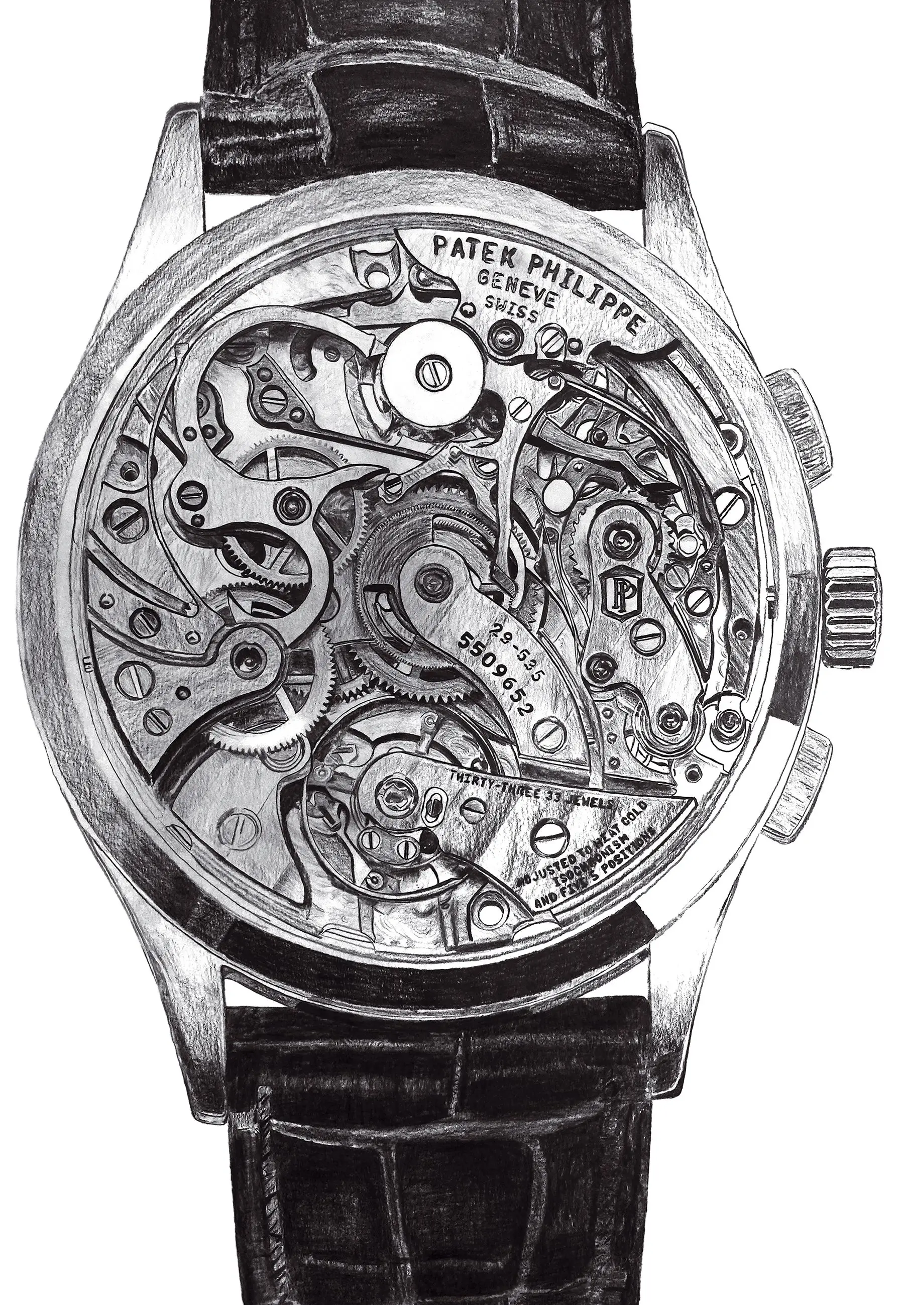 Pulso. Patek Philippe Ref. 5170, cronógrafo de corda manual equipado com o calibre CH 29-535 PS — desenho a grafite