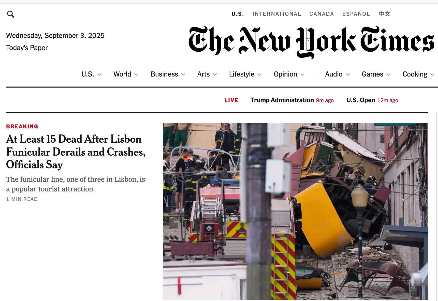 No norte-americano "New York Times", o acidente no elétrico foi o destaque principal durante várias horas