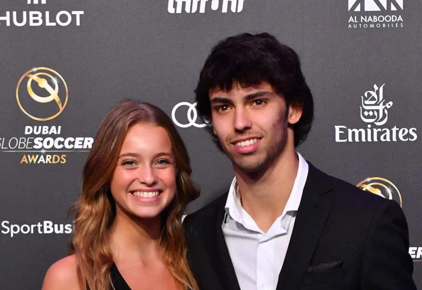 Portuguese football player and finalist for Best Revelation Player Joao Felix arrives with girlfriend Portuguese model Margarida Corceiro to attend the 11th edition of the Globe Soccer Awards ceremony in Dubai in the United Arab Emirates, on December 29, 2019. (Photo by Giuseppe CACACE / AFP) (Photo by GIUSEPPE CACACE/AFP via Getty Images)