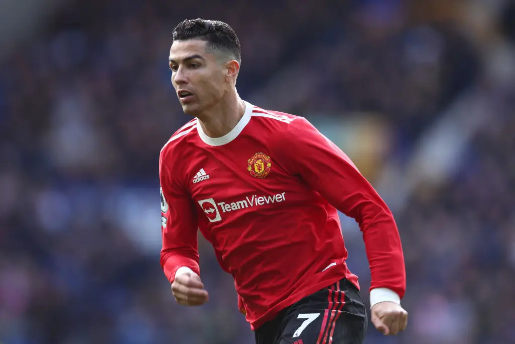LIVERPOOL, ENGLAND – APRIL 09: Cristiano Ronaldo of Manchester United in action during the Premier League match between Everton and Manchester United at Goodison Park on April 09, 2022 in Liverpool, England. (Photo by Chris Brunskill/Fantasista/Getty Images)