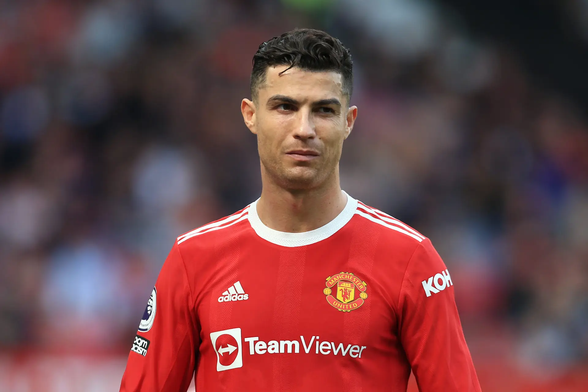 MANCHESTER, ENGLAND – APRIL 16: Cristiano Ronaldo of Manchester United looks on during the Premier League match between Manchester United and Norwich City at Old Trafford on April 16, 2022 in Manchester, United Kingdom. (Photo by Simon Stacpoole/Offside/Offside via Getty Images)