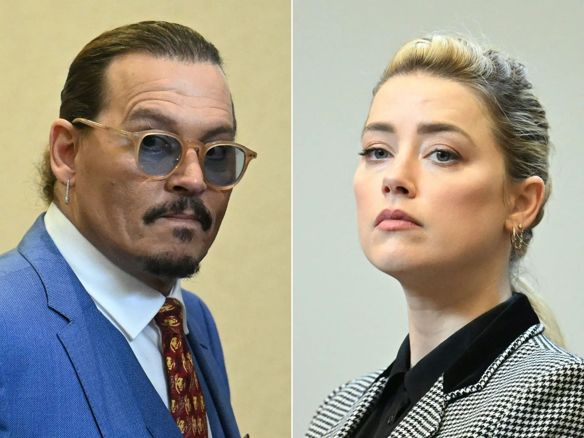 (COMBO) This combination of pictures created on June 1, 2022 shows US Actor Johnny Depp (L) attending the trial at the Fairfax County Circuit Courthouse in Fairfax, Virginia, on May 24, 2022 and US actress Amber Heard looking on in the courtroom at the Fairfax County Circuit Courthouse in Fairfax, Virginia, on May 24, 2022. – US actress Amber Heard said she was disappointed “beyond words” on June 1, 2022 after a jury found she had made defamatory claims of abuse against her ex-husband Johnny Depp, calling it a “setback” for women. (Photo by JIM WATSON / POOL / AFP) (Photo by JIM WATSON/POOL/AFP via Getty Images)