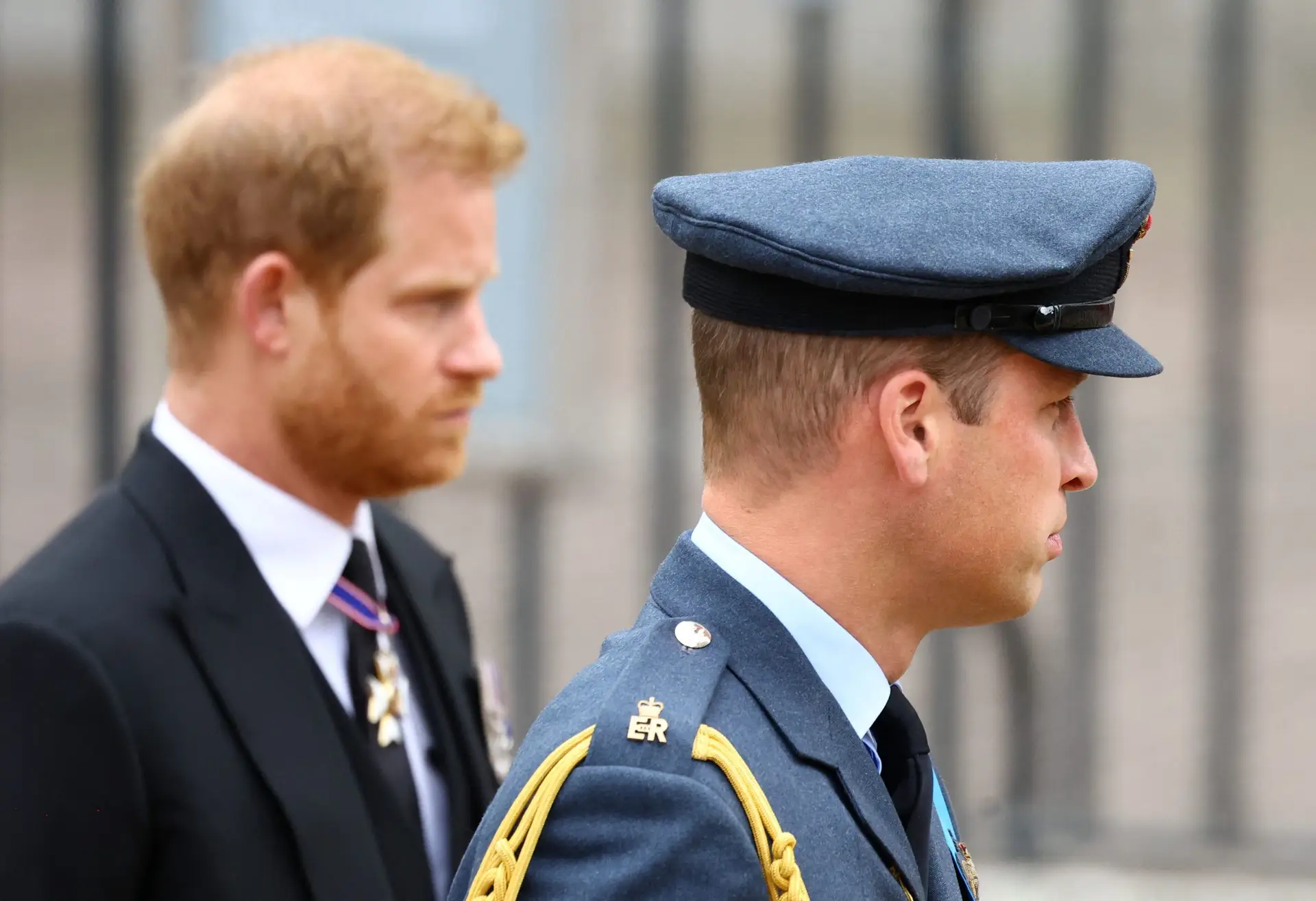 LONDON, ENGLAND – SEPTEMBER 19: (R-L) Prince William, Prince of Wales and Prince Harry, Duke of Sussex during the State Funeral of Queen Elizabeth II at Westminster Abbey on September 19, 2022 in London, England. Elizabeth Alexandra Mary Windsor was born in Bruton Street, Mayfair, London on 21 April 1926. She married Prince Philip in 1947 and ascended the throne of the United Kingdom and Commonwealth on 6 February 1952 after the death of her Father, King George VI. Queen Elizabeth II died at Balmoral Castle in Scotland on September 8, 2022, and is succeeded by her eldest son, King Charles III. (Photo by WPA Pool/Getty Images)