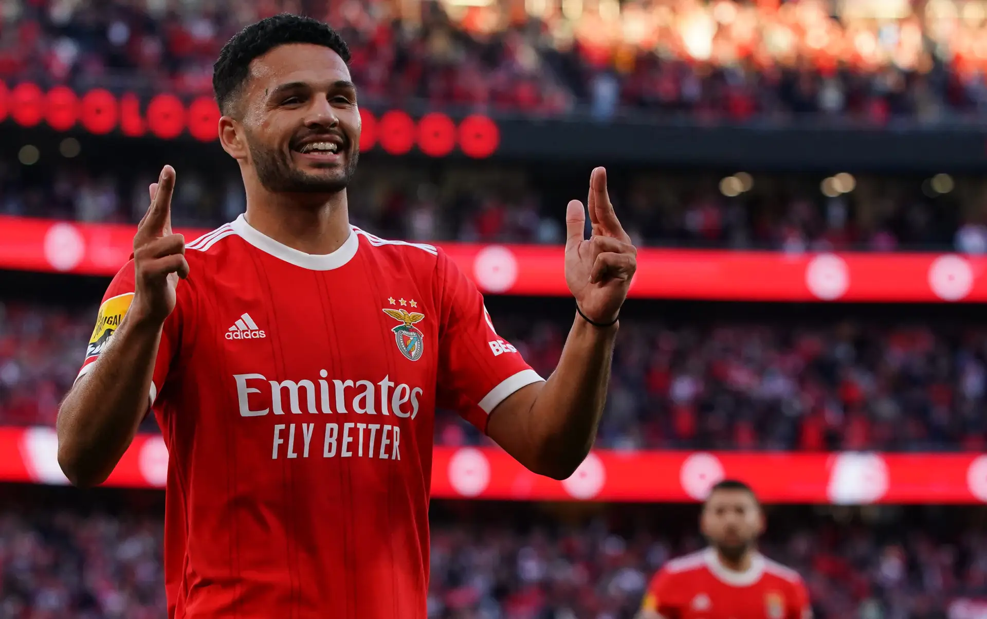 LISBON, PORTUGAL – MARCH 18: Goncalo Ramos of SL Benfica celebrates after scoring a goal during the Liga Portugal Bwin match between SL Benfica and Vitoria Guimaraes at Estadio da Luz on March 18, 2023 in Lisbon, Portugal. (Photo by Gualter Fatia/Getty Images)