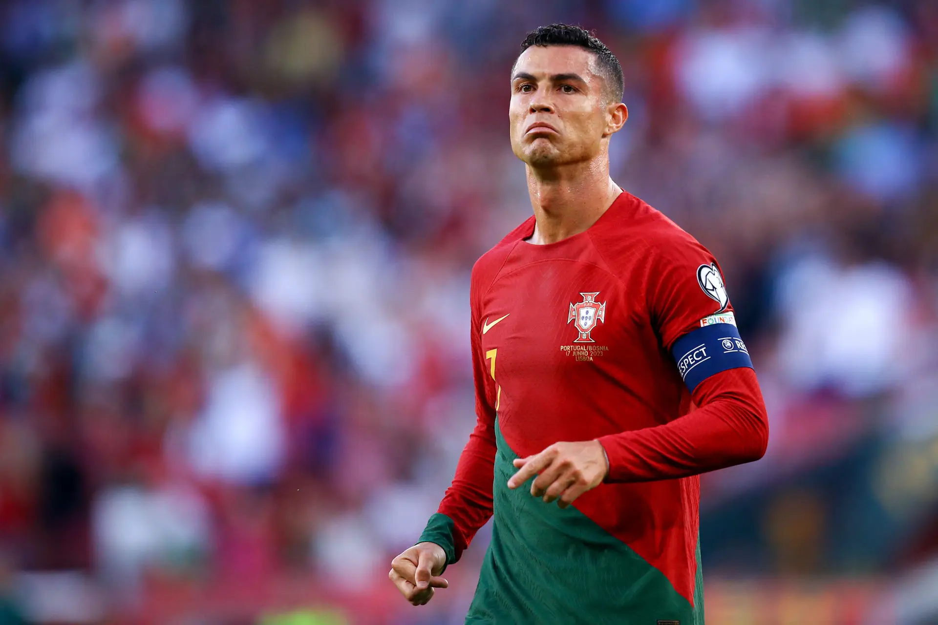 LISBON, PORTUGAL – JUNE 17: Cristiano Ronaldo of Portugal gestures during the UEFA EURO 2024 qualifying round group J match between Portugal and Bosnia Herzegovina at Estadio Jose Alvalade on June 17, 2023 in Lisbon, Portugal. (Photo by Diogo Cardoso/DeFodi Images via Getty Images)