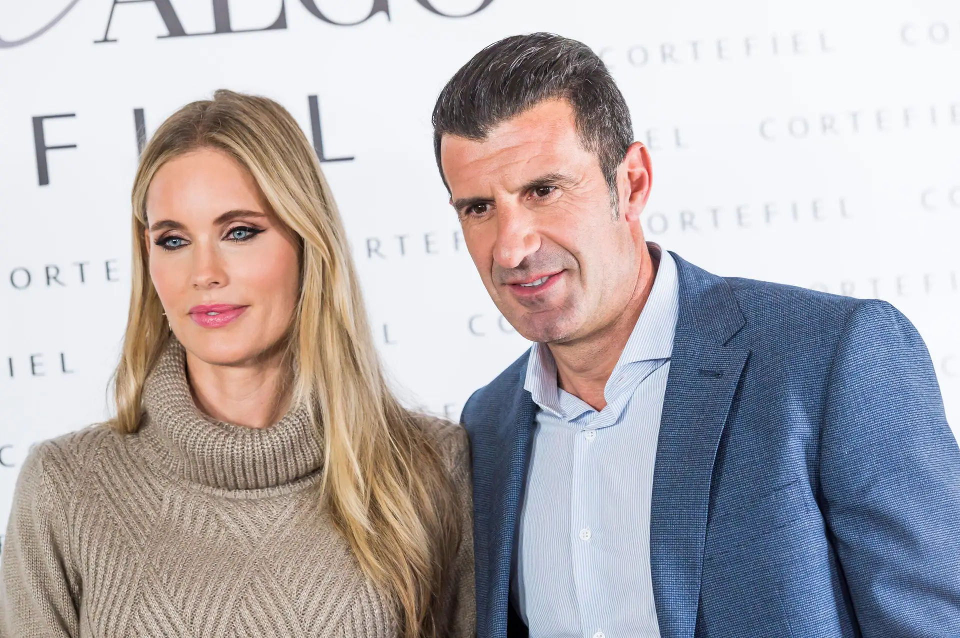 MADRID, SPAIN – OCTOBER 17: Swedish model Helene Svedin and Portuguese soccer player Luis Figo present new Cortefiel campaign at Los Gallos on October 17, 2019 in Madrid, Spain. (Photo by Juan Naharro Gimenez/WireImage)