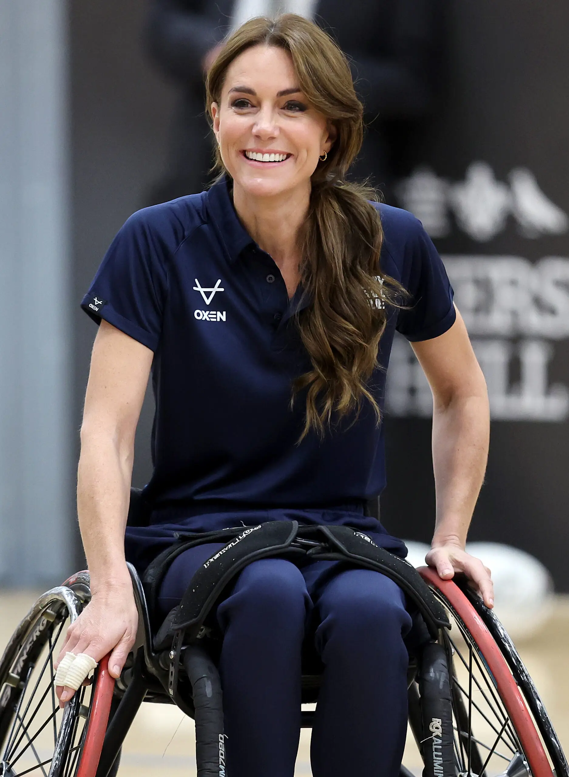 HULL, ENGLAND – OCTOBER 05: Catherine, Princess of Wales tries her hand at wheelchair rugby and joins a training session facilitated by members of the world-cup winning England Wheelchair Rugby League squad during a Rugby League Inclusivity Day at Allam Sport Centre on October 05, 2023 in Hull, England. The Princess of Wales took part in the event as part of her role as Patron of the Rugby Football League and to see the positive impact the Disability Rugby League has on its participants and their families. (Photo by Chris Jackson/Getty Images)