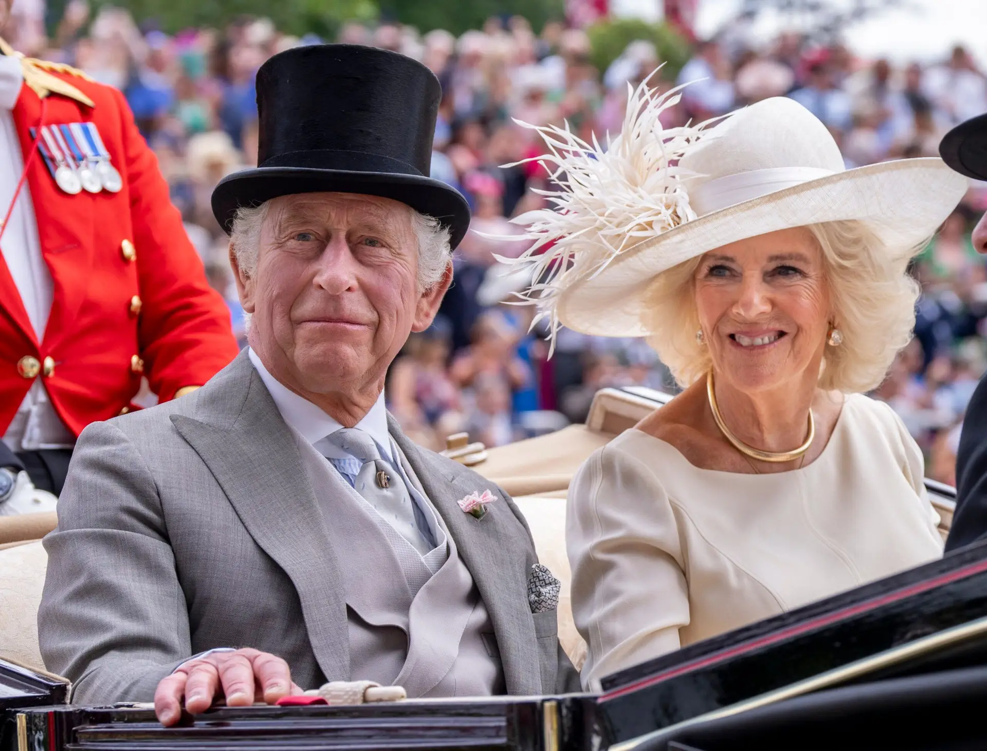 ASCOT, ENGLAND – JUNE 24: King Charles III and Queen Camilla attend day five of Royal Ascot 2023 at Ascot Racecourse on June 24, 2023 in Ascot, England. (Photo by Mark Cuthbert/UK Press via Getty Images)