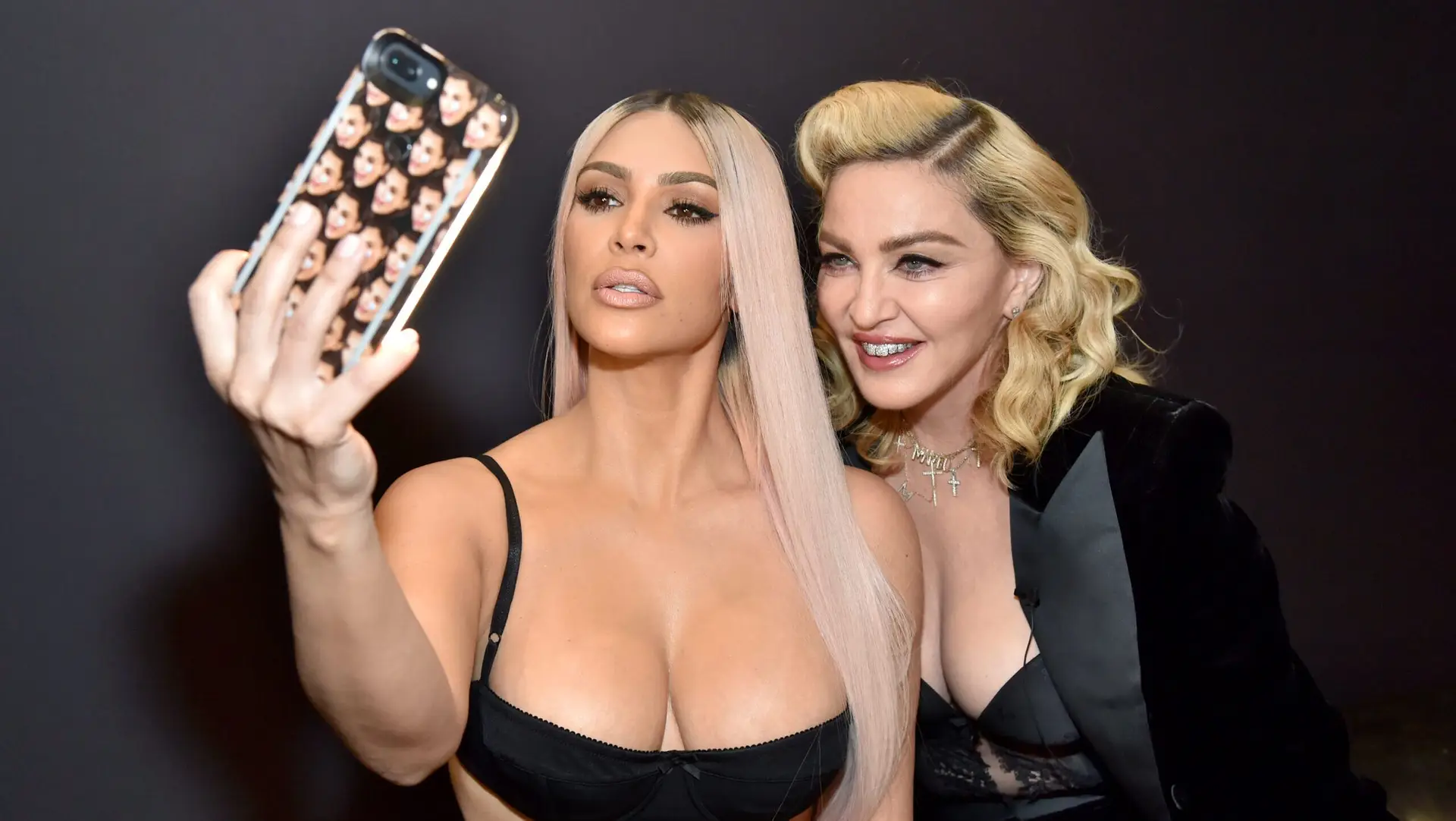 LOS ANGELES, CA – MARCH 06: Kim Kardashian west and Madonna backstage at MDNA SKIN hosts Madonna and Kim Kardashian West for a beauty conversation at YouTube Space LA on March 6, 2018 in Los Angeles, California. (Photo by Kevin Mazur/Getty Images for Madonna’s MDNA SKIN)
